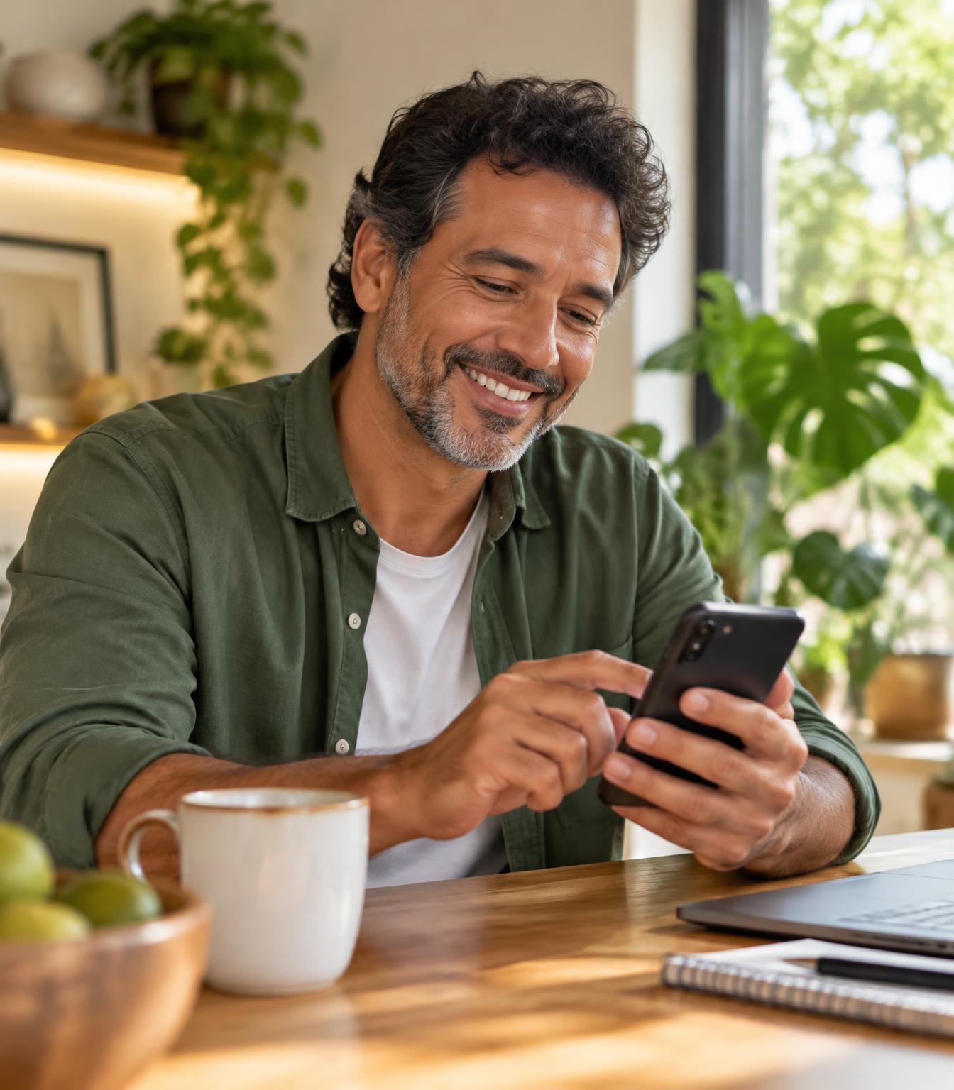Homem sorrindo enquanto conversa pelo celular